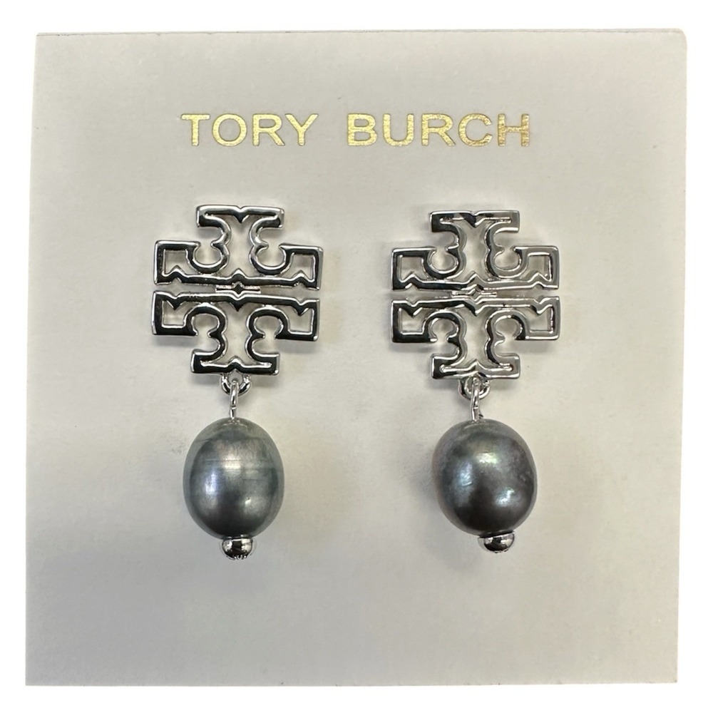 Tory Burch Double T Britten Grey (Blue Hue) Pearl Drop Silver Tone Earrings New